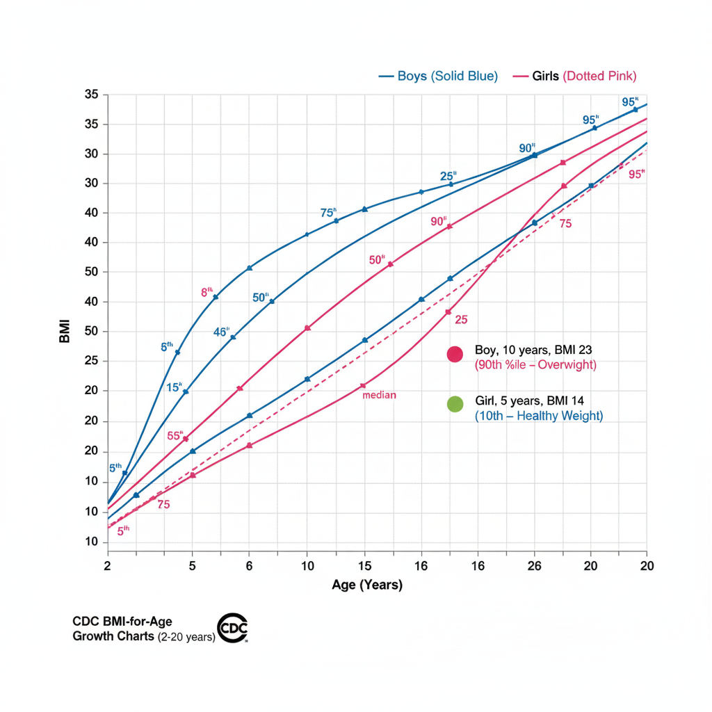 CDC growth chart showing BMI percentiles for boys and girls with example measurements
